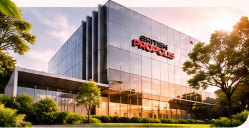 Gedung kantor British Propolis dengan logo di fasad