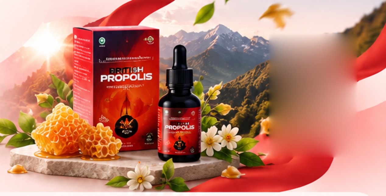 Kemasan British Propolis, botol dropper, honeycomb, dan bunga di atas batu dengan latar pegunungan